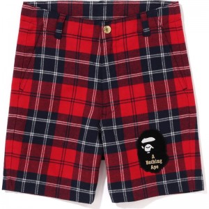 Kids' Bape Check Ape Head Patch Shorts Shorts Red USA | WS5382032