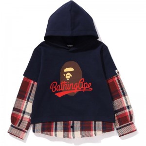 Kids' Bape Check Shirt Layered Bathing Ape Pullover Hoodie Hoodie Navy USA | KK8647667