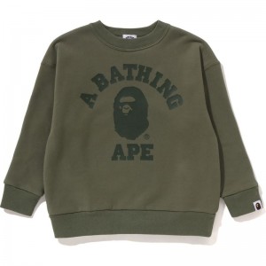 Kids' Bape College Crewneck Relaxed Fit Sweatshirts Olivedrab USA | JP4820680