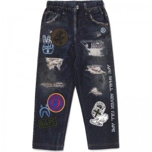 Kids' Bape Emblem Denim Print Sweat Pants Pants Navy USA | CX3155515