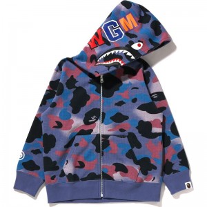 Kids' Bape Grid Camo Shark Glow In The Dark Zip Hoodie Hoodie Purple USA | OJ1363533