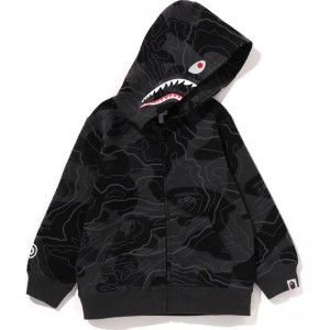 Kids' Bape Layered Line Camo Shark Zip Hoodie Hoodie Black USA | PN6865585