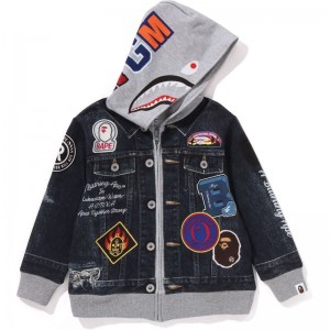 Kids' Bape Shark Emblem Denim Jacket Print Zip Hoodie Hoodie Navy USA | LV9061201