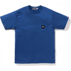 Men Bape A Bathing Ape Label Pocket Tee Cut And Sewn Blue USA | ZP5380930