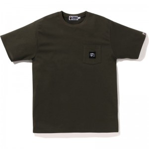 Men Bape A Bathing Ape Label Pocket Tee Cut And Sewn Olivedrab USA | JP6745175