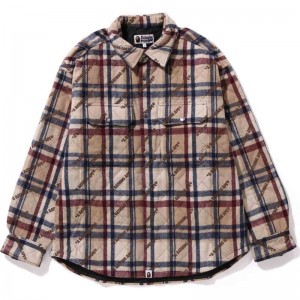 Men Bape A Bathing Ape Logo Check Pattern Padded Flannel Shirt Jacket Jackets Beige USA | GK5460340