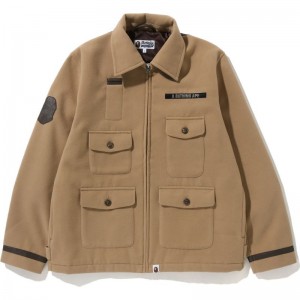 Men Bape A Bathing Ape Melton Relaxed Fit Zip Jacket Jackets Beige USA | NG2410440