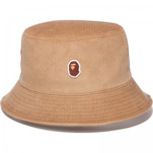 Men Bape Ape Head Corduroy Bucket Hat Caps Beige USA | OQ7977897