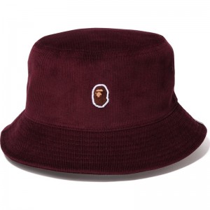 Men Bape Ape Head Corduroy Bucket Hat Caps Burgundy USA | US5541751