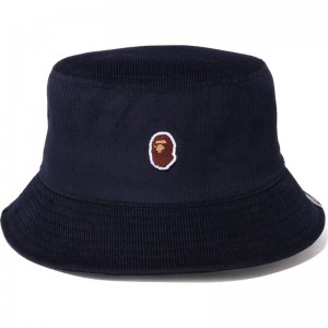 Men Bape Ape Head Corduroy Bucket Hat Caps Navy USA | KU0505555