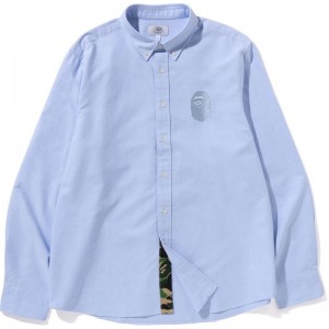 Men Bape Ape Head Embroidery Oxford Shirt Relaxed Fit Shirts Sax USA | LO2057507