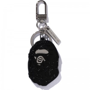 Men Bape Ape Head Leather Keychain Accessories Black USA | GV0498648