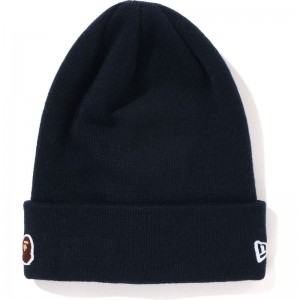 Men Bape Ape Head One Point New Era Knit Cap Caps Navy USA | PL1264624