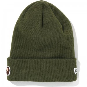 Men Bape Ape Head One Point New Era Knit Cap Caps Olivedrab USA | HS1559759