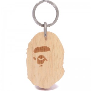 Men Bape Ape Head Wood Keychain Accessories Brown USA | MH3422442