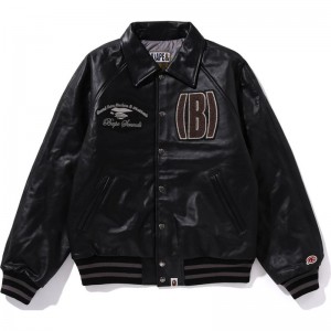 Men Bape (B)Ape Leather Varsity Jacket Jackets Black USA | RQ1614564