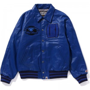 Men Bape (B)Ape Leather Varsity Jacket Jackets Blue USA | ON5772372