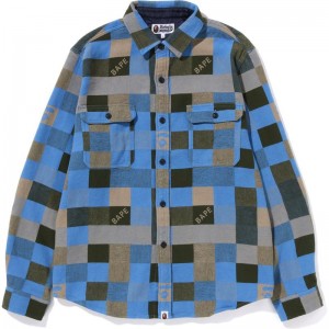 Men Bape Block Check Relaxed Fit Shirt Shirts Beige USA | IW0128418