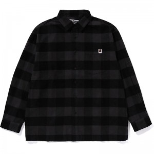 Men Bape Block Check Shirt Relaxed Fit Shirts Black USA | KQ6527257