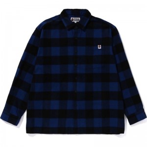 Men Bape Block Check Shirt Relaxed Fit Shirts Blue USA | HQ9244224