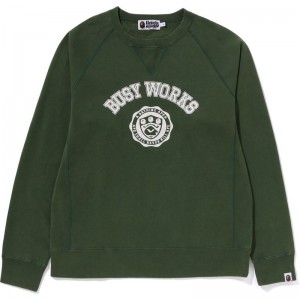 Men Bape Busy Works Crewneck Sweatshirts Green USA | YA2948898