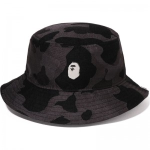 Men Bape Camo One Point Metal Logo Pin Bucket Hat Caps Black USA | WW2288828