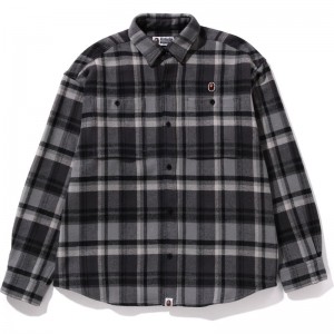 Men Bape Check Ape Head One Point Flannel Shirt Shirts Black USA | VK1923593