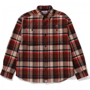 Men Bape Check Ape Head One Point Flannel Shirt Shirts Red USA | OB7075405