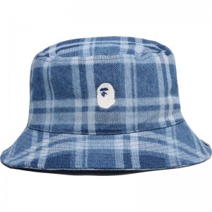 Men Bape Check Denim Bucket Hat Caps Indigo USA | EM7859689