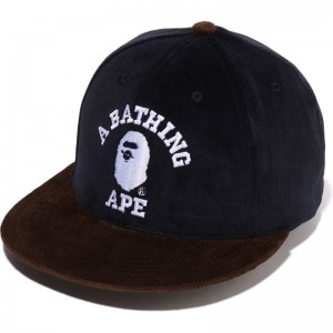 Men Bape Corduroy College Snap Back Cap Caps Navy USA | QT5927497