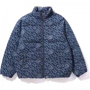 Men Bape Denim Monogram Puffer Down Jacket Jackets Blue USA | CS7297127