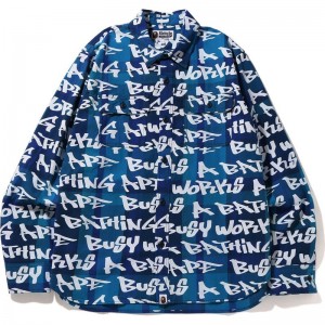 Men Bape Graffiti Check Shirt Shirts Blue USA | NM2160610