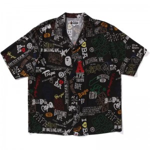 Men Bape Hand Draw Open Collar S/S Shirt Shirts Black USA | QL9449049