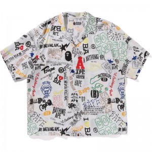 Men Bape Hand Draw Open Collar S/S Shirt Shirts White USA | ZJ6873683