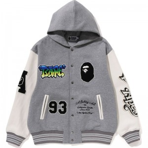 Men Bape Lux Sport Badges Oversized Hooded Sweat Varsity Jacket Jackets Grey USA | XX7510750