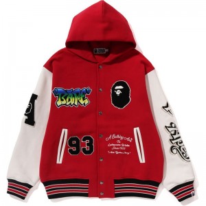 Men Bape Lux Sport Badges Oversized Hooded Sweat Varsity Jacket Jackets Red USA | WZ6174114