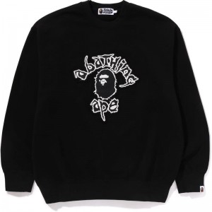 Men Bape Mad Ape College Heavy Washed Crewneck Sweatshirts Black USA | KH5749879