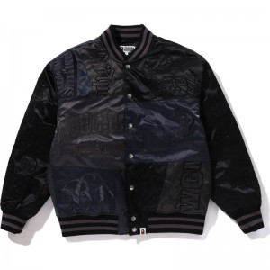 Men Bape Patchwork Varsity Jacket Jackets Black USA | AN6420540