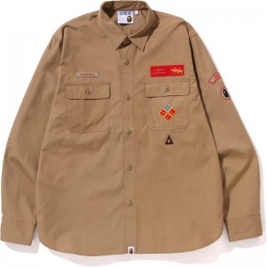 Men Bape Relaxed Fit Boyscout Shirt Shirts Beige USA | GL8957797