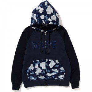 Men Bape Sashiko Camo Relaxed Fit Zip Hooodie Sweatshirts Indigo USA | PT8025705