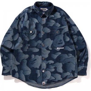 Men Bape Solid Camo Laser Work Denim Shirt Shirts Indigo USA | HB0705275