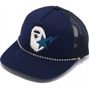 Men Bape Sta Ape Head Leather Patched Mesh Cap Caps Blue USA | NA4953093