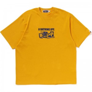 Men Bape Text Graphic Tee Cut And Sewn Yellow USA | ZH3536256