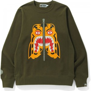 Men Bape Tiger Crewneck Sweatshirts Olivedrab USA | EG6273223