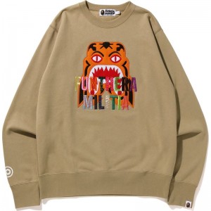 Men Bape Tiger Embroidery Crewneck Sweatshirts Beige USA | AV1889089