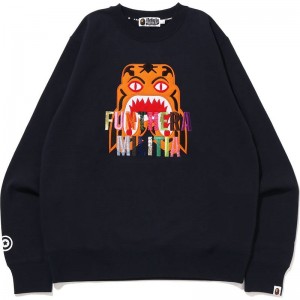 Men Bape Tiger Embroidery Crewneck Sweatshirts Navy USA | DJ7453943