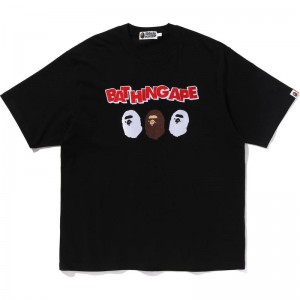 Men Bape Triple Ape Head Relaxed Fit Tee Cut And Sewn Black USA | AQ3887187