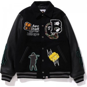 Men Bape Varsity Jacket Jackets Black USA | SC2121111