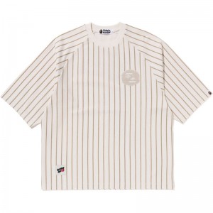 Men Bape Worker Stripe Raglan Sleeve Tee Cut And Sewn White USA | SU7935395