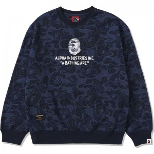 Men Bape X Alpha Industries Crewneck Sweater Sweatshirts Navy USA | YC4595355